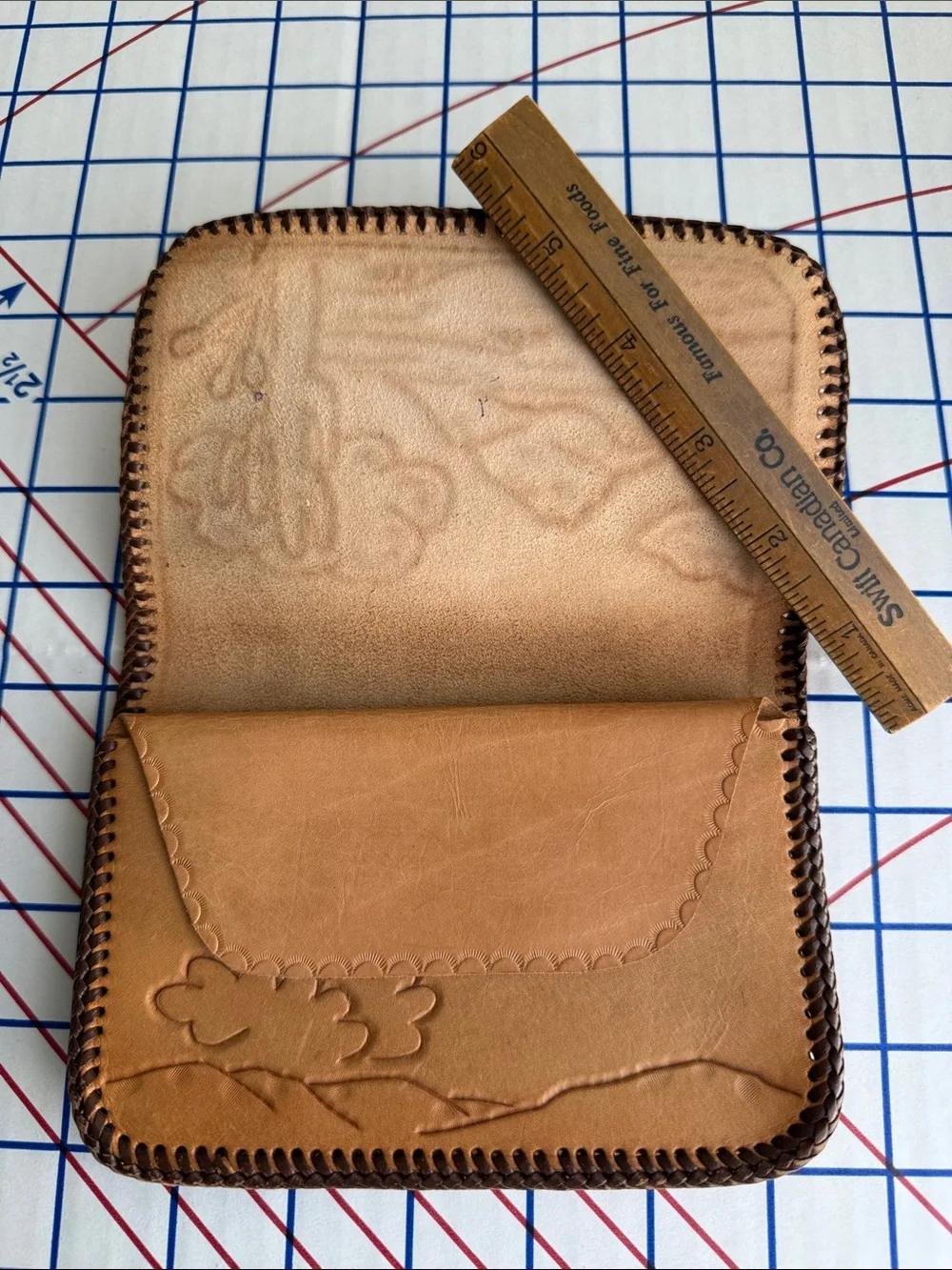 Vintage Hand Tooled Leather Wallet Clutch Southwestern Desert Cactus Whipstitch